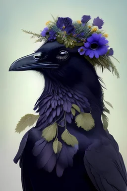 Raven with wild flowers on the head wearing a bo tie