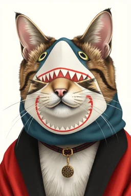cat with shark mask in the style of japanese shepard fairy