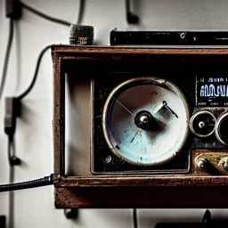 an old radio on a shelf, cyberpunk, highly detailed