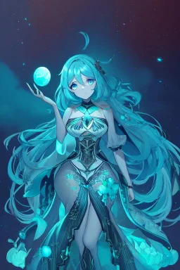 A beautiful girl with glowing starry eyes. And with turquoise hair decorated. And full body. Holds 10 glowing glass beads with a moon inside