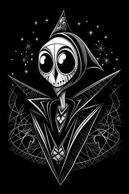 tim burton's jack skellington in a black hooded cloak drawn in a retro mascot style, inside a diamond shape on a black background, monochromatic