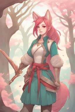 Teenaged Female kitsune paladin/bard with red, teal, and pink hair