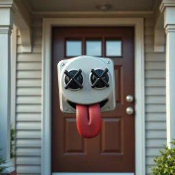 doorbell buzzer on side of a suburban house's front door that has X's for eyes and a tongue hanging out sideways, concept art, digital art, hyperrealistic,