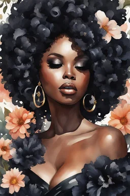 Create an watercolor image of a curvy black female wearing a black off the shoulder blouse and she is looking down with Prominent makeup. Highly detailed tightly curly black afro. Background of large black flowers surrounding her