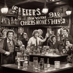 Iconic CHEERS television show movie still, "Cheers" bar scene TV scene, text CHEERS" in TV show font aesthetic, photorealistic,