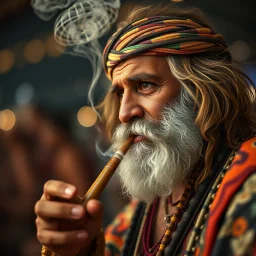 saddam husssain as hippie smoking big pipe having fun in a festival in the 60s, goa psy ambient in the style of vangelis and fsol, source vibrations, bokeh like f/0.8, tilt-shift lens 8k, high detail, smooth render, down-light, unreal engine, prize winning