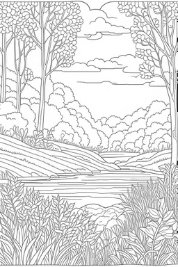 coloring page, nature, relaxing, woodland retreat, full view, realistic, coloring page, only draw lines, coloring book, clean line art, –no sketch, color, –ar 3:4, white background, minimalistic black lines, minimal black color, low level black colors, coloring page, avoid thick black colors, thin black line art, avoid colors, perfect shape, perfect clear lines,