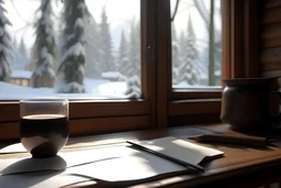 an anime style note on a wooden table with a snowy window in the background