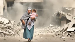 Palestinian old woman wears the keffiyeh , Carrying a small girl ,at summer , Destroyed Buildings , with a Explosions, at night