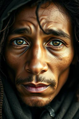 a photorealistic portrait of Bob Marley extremely detailed light hazel eyes, detailed symmetric realistic face, natural skin texture, extremely detailed skin with skin pores, peach fuzz, messy hair, wearing shawl over her head, masterpiece, absurdres, award winning photo by lee jeffries, nikon d850 film stock photograph, kodak portra 400 camera f1.6 lens, extremely detailed, amazing, fine detail, rich colors, hyper realistic lifelike texture, dramatic