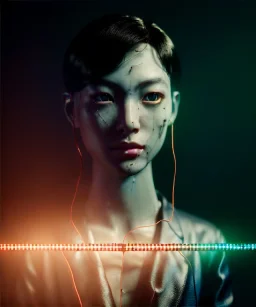 Ultra realistic photographic night portrait, cinematic, <Asian woman> <hanging wires> <retro monitor> many wires coming out of the head <perfect pupil> <cyborg arm> <garage> <wide angle Shot> <sci-fi futuristic> <thriller>, neon lights, color fog, soft color, highly detailed, unreal engine 5, ray tracing, RTX, lumen lighting, ultra detail, volumetric lighting, high definition.