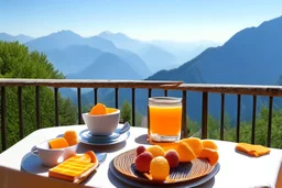 breakfast on a table on the terrace (orange juice, coffee in a cup, fruit, pastries), view of the mountains in the distance