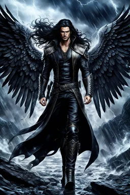 Badass fallen angel, attractive man with long black hair, dark leather cloth, boots, high quality, detailed, cinematic. digital art, fantasy, sci-fi, storm, masterpiece