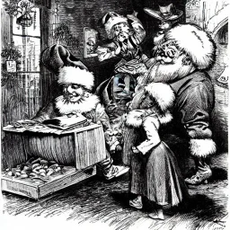 Santa Claus coming down a chimney surprisng the kids in the living room by Thomas Nast detailed