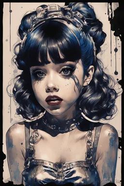 Poster in two gradually, a one side the Singer Melanie Martinez face, full body, sit pose, painting by Yoji Shinkawa, darkblue and sepia tones,sinister, detailed iridescent, metallic, translucent, dramatic lighting, hyper futuristic, digital art, shot with Sony Alpha a9 Il and Sony FE 200-600mm f/5.6-6.3 G OSS lens, natural light, hyper realistic photograph, ultra detailed -ar 3:2 -q 2 -s 750,malevolent goth vampire girl face and other side