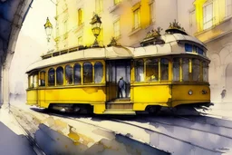 yellow tram in Budapest, style Alvaro Castagnet, Anton Pieck highly detailed elegant very attractive beautiful dynamic lighting watercolor aquarelle Thomas Wells Schaller