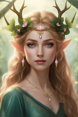 Pointed elven ears,Blonde hair ,Pink dress,Sparkling fairy wings,Very long golden hair,Fairy crown,pointed ears,elven ears,fairy wings,water lilies,sparkling,glittering,flowers,blossoms,golden crown,light pink dress