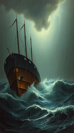 Rain and storm in an ocean with high waves , a big ship is sinking , Bosch painting style, nightmare , all In brown