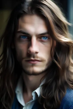 Man, blue eyes, long hair, in early 20s, handsome