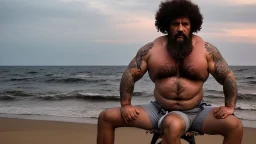 photography of a sicilian baywatcher burly sweat chubby 44 years old , swimwear, manly chest ,tattoo, curly hairs, long beard, sitting on a beach chairs at the beach at midnight , illuminated by bonfire, photorealistic, 8k, Canon EOS, 35mm lens, , unreal engine, greg rutkowski, loish, rhads, beeple, makoto shinkai and lois van baarle, ilya kuvshinov, rossdraws, tom bagshaw, alphonse mucha, global illumination, detailed and intricate environment