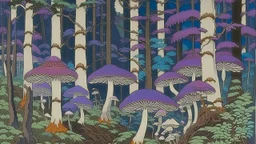 A violet forest with mushrooms painted by Utagawa Hiroshige