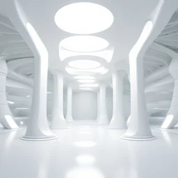 futuristic and sci fi white room with loads of large beams and columns. the flooring is flat but has organic shaped details. the lighting is bright white and the atmosphere is sci-fi