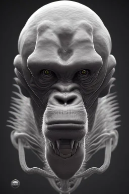 ape alien, head,8 eyes, evil, 8k, with hairs, finely detailed, photo realistic, HR Giger style