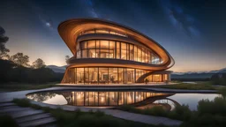 Inspiring beautiful elegant interwoven wooden ultra-modern building based on parabola, helix and spiral shapes, featuring large windows, artistic, amazing architecture, rural location, night, stars, moonlight, fireflies, distant mountains, lake, soft natural perfect light, extremely detailed, award-winning photograph, beautiful composition, 16k, HDR, High Quality, Sharp Focus, Studio Photo, masterpiece, Gaudi, Shigeru Ban