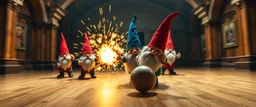 gnomes bowling in hall, motion blur, strike, crushing explosion
