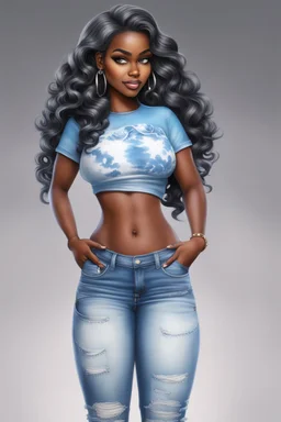 Create an airbrush cartoon image of a curvy black female wearing a light blue tie dye t-shirt with white cut up jeans. Prominent make up with hazel eyes. Highly detailed long wavy black and grey ombre hair flowing in the air.