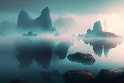 distant city, sea, mist, rocks, lake reflection, epic