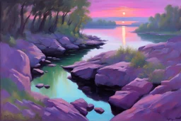 purple sky, rocks, sci-fi, lake, friedrich eckenfelder and henry luyten impressionism paintings