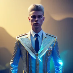 Handsome prince galactic, glitter blue prince suit with jewels and stripes, long blond hair, blue eyes, cinematic lights, octane render, unreal engine 5, 4k, focus details, beam