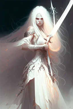 Warrior, wielding a long sword, in a white dress, white hair, long hair, cybernetic eyes, standing in mists, Female, dark art, Ivory Peach skin, cute