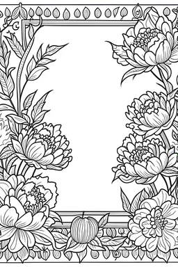 black and white beautiful thin frame made out of peonies for coloring pages, use a lot of big sunflowers in the thin frame, go all the way to the edges for the frame and leave a lot of space in the middle of the page, use only black and white, clear crisp outlines, no black background, go all the way to the outer edges of the page, use more space in the center of the page, make it rounder, use less shading, use more space in the center of the page, widen the frame, open up the frame