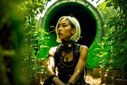 Unground solar punk tunnels, cinematic, dof background a, dystopian, sci-fi, award winning, Yui in a garden, National Geographic, breath taking, oxygen farm but outside is a desert, fantasy, magical