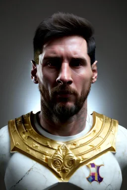 Realistic image, lionel Messi sculpture, white marble material with gold veins, gold laurel leaves crown, gold ornaments, Renaissance style, sun rays background, waist up portrait, epic, celestial, cinematic lighting, God lights, 4k resolution, smooth details, soft lighting, unreal engine 5, art station, substance 3d.