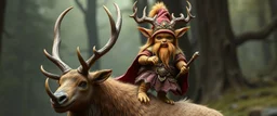 a gold ginger fluffy gnome female kobold stag gremlin that looks like the opposite of a vampire in bunad standing on an elk, holding his horns