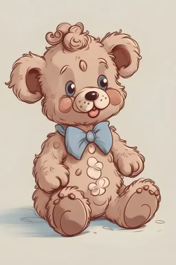 A thin lanky teddy bear with curly hair drawn in dreamy Disney style