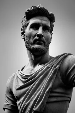 Ultra Realistic image, roman sculpture, deluxe white marble material, Lionel Messi, Laurel leaves wreath, Renaissance style, miguel angel David style, chisel style, emperor, waist up portrait, epic, celestial, cinematic lighting, God light, god rays, 4k resolution, smooth details, ornate details, unreal engine 5, blue vibrant background.