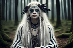 Otherworldly, heilung little witch singer and a white crow, Cara Delevigne MacKenzie Foy Avril Lavigne, tribal fur open dress, beautiful long white dreadlocks hair, 15 years old Nordic young girl, black face paint stripes on the eyes, sits in a forest, closeup of the white crow, intricate, pagan music art, rune simbol in the forest background, high detailled, fanart, oil painting, 8k, Oil painting, heavy brush strokes, hyperrealistic paint splashes Jerem