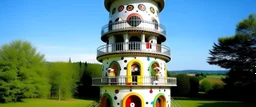 A white observatory with a telescope in the sky designed in Matryoshka dolls painted by Pieter Bruegel the Elder