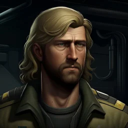 The submarine mechanic Blicke Blocknyckel, a blonde man with a mullet and muttonchops beard realistic grimdark