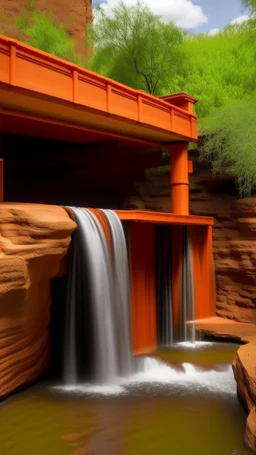 An orange colored waterfall with a watering hole painted by Frank Lloyd Wright