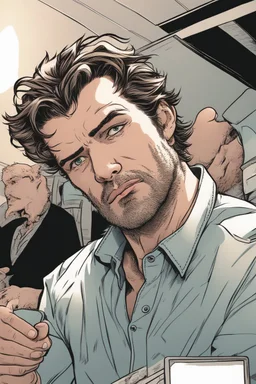 man with scruffy hair, stubble and a seriously judgmental look on his face comic book style