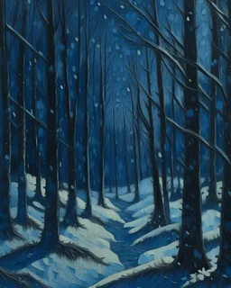 A dark blue winter forest with falling snowflakes painted by Vincent van Gogh