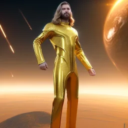 beautiful cosmic golden male, long hair, nice smiling, delicate colors, beautiful glamour galactic golden dress, ultra sharp focus, 8k, unreal engine 5, extremely sharp detail, light effect, soft light atmosphere of a spaceship, smooth, full of details, face in front, complete vision of face and body