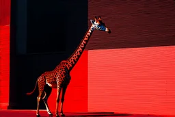 a painting of a giraffe standing in front of a building with red and black, a raytraced image, video art, digital horse, projection mapping, colorkey scene, still from a music video, mirrors edge art style, red and cinematic lighting, animated cinematography, volumetric lighting. red