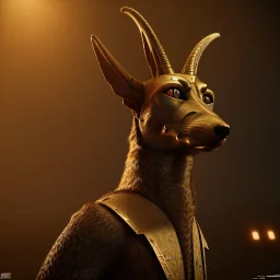 A portrait post-apocalypse of Jackal Egyptian God Anubis ,in the third temple, sci-fi fantasy style, volumetric lighting, particales,highly detailed,cinamatic,8k,3D,fire and black deep colours.