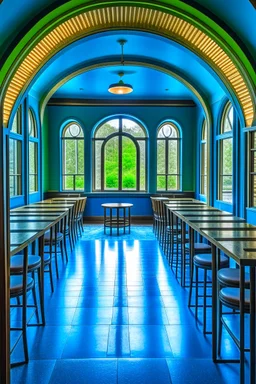 A restaurant whose outer walls are oval in shape, the color of the inside is blue, and its floor is light, with a bar table in the middle of the restaurant in the shape of an oval containing 30 chairs, and there is a door at the end of the restaurant